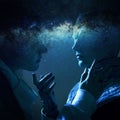 Woman and an alien look at each other. Contact with other civilizations. Space and galaxy