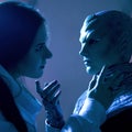 Woman and an alien look at each other. Contact with other civilizations