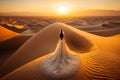 Woman in amazing silk wedding dress with fantastic view of Sahara desert sand dunes in sunset. Generative AI