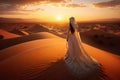 Woman in amazing silk wedding dress with fantastic view of Sahara desert sand dunes in sunset. Generative AI