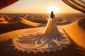 Woman in amazing silk wedding dress with fantastic view of Sahara desert sand dunes in sunset. Generative AI