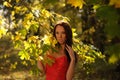 Woman Amongst Backlit Autumn Foliage