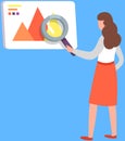 Woman analyses diagram, conducts analysis of report. Lady looks at statistical chart with magnifyer Royalty Free Stock Photo