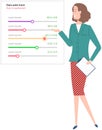 Woman analyses digital report with statistics. Statistical indicators and data on diagram