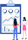 Woman analyses digital report with statistics. Statistical indicators and data on diagram