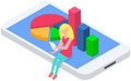 Woman analyses digital report with statistics. Statistical indicators and data on diagram