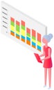 Woman analyses digital report with statistics. Statistical indicators and data on diagram