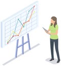 Woman analyses digital report with statistics. Statistical indicators and data on diagram
