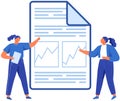 Woman analyses digital report with statistics. Statistical indicators and data on diagram