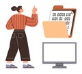 Woman analyzing binary data files with computer screen and folder containing code Royalty Free Stock Photo