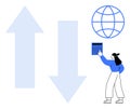 Woman Analyzing Data with Calculator and Global Network Concept Next to Rising and Falling Arrows Royalty Free Stock Photo