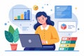 A woman analyzing data on a laptop while sitting on a desk, woman with laptop analysis data storage via website, Simple and Royalty Free Stock Photo