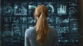 Woman analyzing digital data on a futuristic interface in a modern workspace
