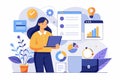 Woman analyzing file data on a laptop, Woman is analyzing file data, Simple and minimalist flat Vector Illustration Royalty Free Stock Photo