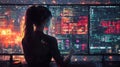 Woman analyzing futuristic data and programming on a vibrant digital interface
