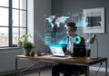 Woman analyzing global business data with futuristic holographic interface {Ai generated Royalty Free Stock Photo
