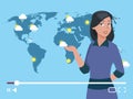 Woman anchorman weather channel vector illustration. Worldwide weather forecast concept Royalty Free Stock Photo