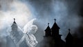 woman angel with wings and old Churches silhouettes in background