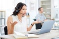 Woman is angry at callcenter, frustrated with phone call and laptop software glitch or communication fail and confused