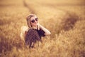 Woman in animal print dress, straw hat in front of Sun in middle of wheat field with pleasure , enjoying summer holidays