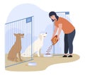 Woman animal shelter feeding homeless hungry dogs at aviary vector flat illustration