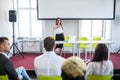 Business woman answering during educational team meeting or corporate training with woman speaker or coach Royalty Free Stock Photo