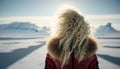 Woman in Antarctica, looking the glacier, iceberg adventure. Generative ai