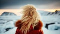 Woman in Antarctica, looking the glacier, iceberg adventure. Generative ai