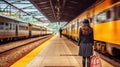 Woman Anticipates Journey at Railway Station Platform. Generative AI