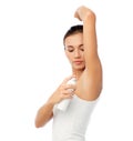 Woman with antiperspirant deodorant over white Royalty Free Stock Photo