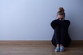 Woman with anxiety disorder wearing dark clothes sitting on the floor, copy space on empty wall