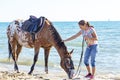 woman and appaloosa horse Royalty Free Stock Photo