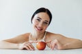 woman with apple ripe healthy vitamins food