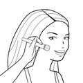 Woman applies blush on her cheeks. Vector black and white coloring page. Royalty Free Stock Photo