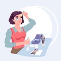 Woman applies cosmetics cream on her face, anti-wrinkle skin care, beauty treatments at home, makeup. Vector