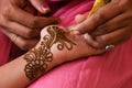 Woman applying beautiful henna, Mehndi tattoo Arabic design