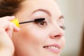 Woman applying black eye mascara to her eyelashes Royalty Free Stock Photo