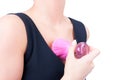 Woman applying blusher container with pink brush Royalty Free Stock Photo