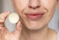 woman applying on lips balm or scrub from natural ingredients Royalty Free Stock Photo