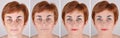 Woman before and after applying make-up and computer retouching