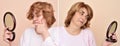 Woman before and after applying make-up and hairstyling Royalty Free Stock Photo