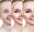 Woman applying makeup step by step.