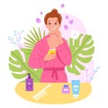 Woman applying moisturizing. Skincare lifestyle, girl cleaning skin pores from scar with moisturizer facial lotion