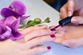 Woman applying nail varnish to finger nails Royalty Free Stock Photo