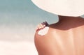 Woman applying sunscreen creme on tanned shoulder. Skincare. Body Sun protection suncream. Bikini hat woman applying moisturizin