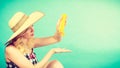 Woman applying sunscreen on hand Royalty Free Stock Photo