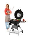 Woman in apron cooking on grill, white background