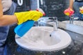 Woman in apron gloves with detergent washing wash basin