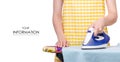 Woman in apron with iron ironing board laundry clothes pattern Royalty Free Stock Photo