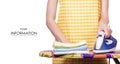 Woman in apron with iron ironing board laundry clothes pattern Royalty Free Stock Photo